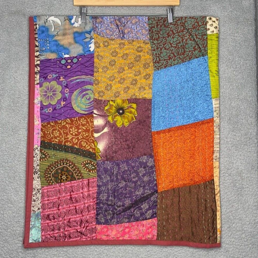 Hand Stitched Quilt Blanket Patchwork Multicolor Rust Fall Tones 59"x 50" Artsy